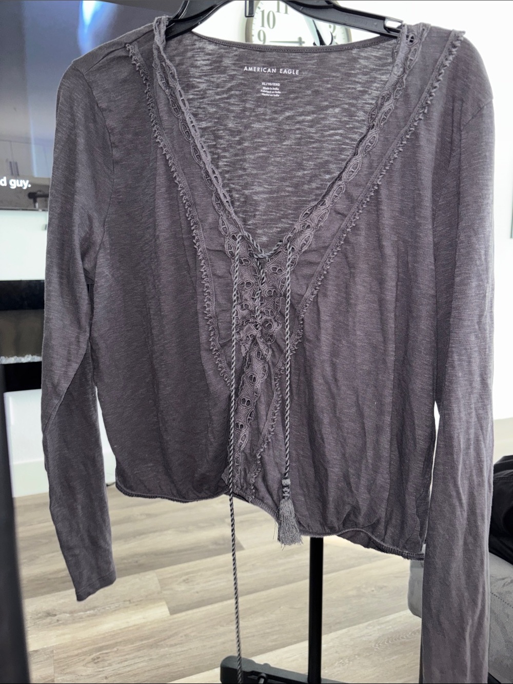 American Eagle Outfitters Charcoal Gray Lace-Trim Long Sleeve Top